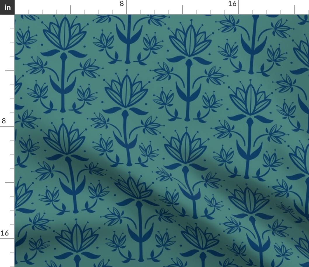 Vintage Victorian-Inspired Botanical in Blue on Green - Medium