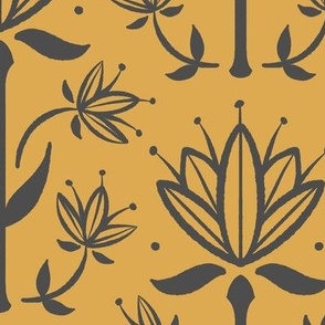 Vintage Victorian-Inspired Botanical in Charcoal on Gold - Large