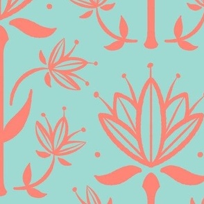 Vintage Victorian-Inspired Botanical in Coral on Mint - Large