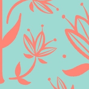 Vintage Victorian-Inspired Botanical in Coral on Mint - Extra Large