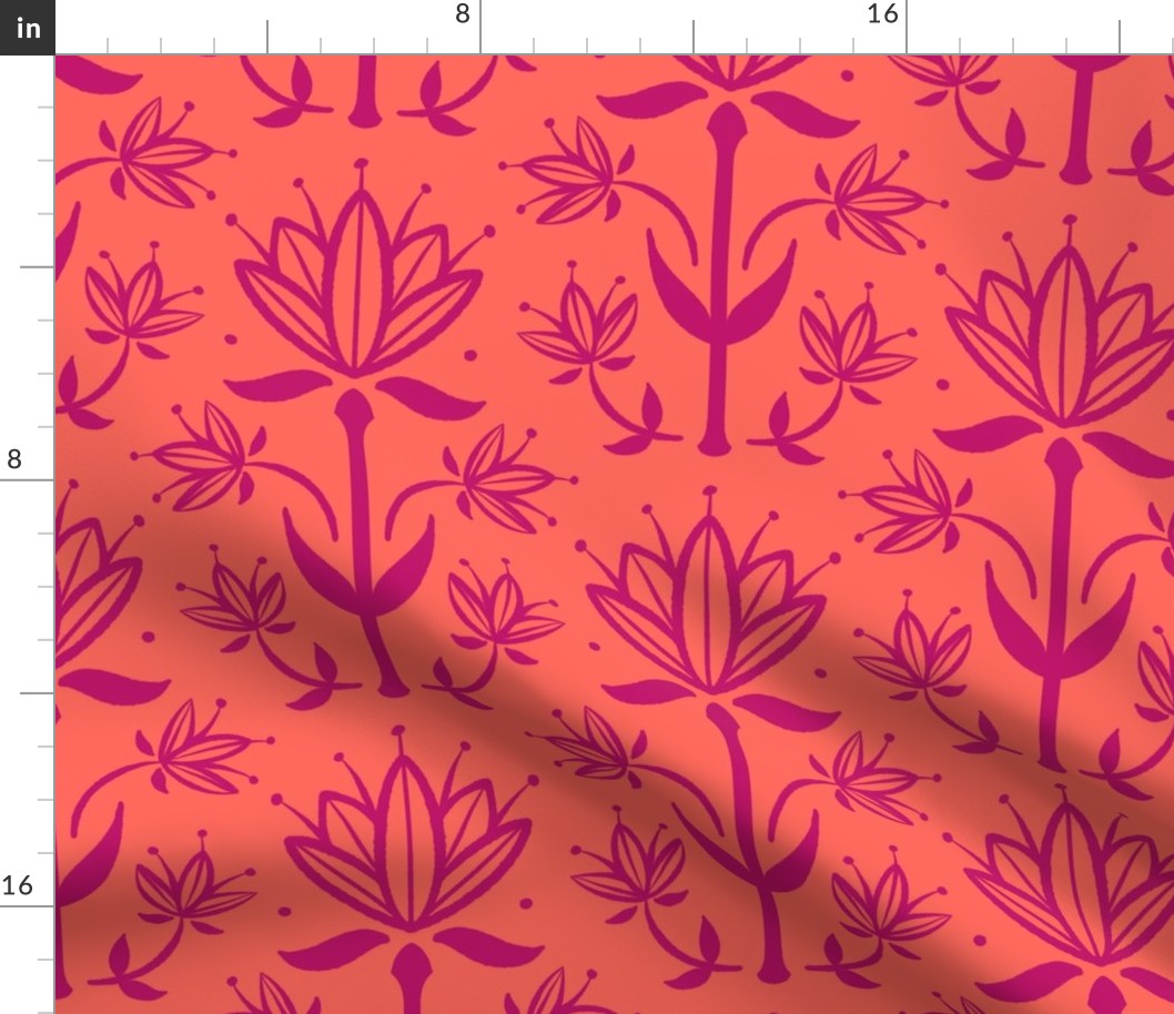 Vintage Victorian-Inspired Botanical in Fuchsia Pink on Orange - Large