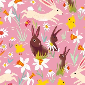 bunnies chicken daffodiles rose // large scale