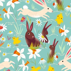 bunnies chicken daffodiles sky // large scale