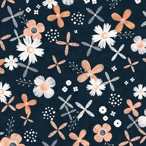 Medium | Spring flowers, coral and white on black