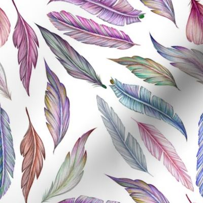 Colorful Boho Purple Feathers on Whitest White - Small Scale