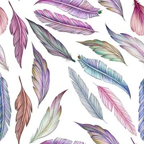 Colorful Boho Purple Feathers on Whitest White - Small Scale