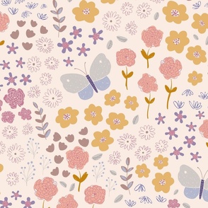 Hello Darling 3 / cute and sweet floral pattern design with butterflies purple, yellow, peach, pink, blue
