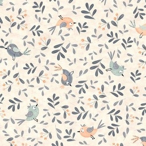 Cute pink, grey and mint green birds and leaves on cream background 