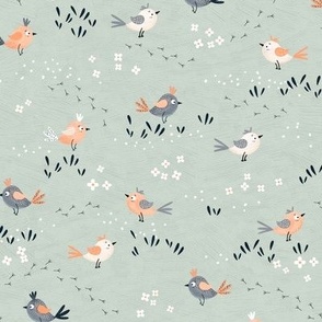 Scattered Coral Pink and grey birds on mint pastel green