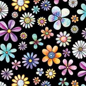 Colorful Flowers Cute & Retro Flower Pattern on Black Background