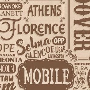 alabama cities and towns - sepia - large scale