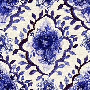 Folk Tupesian ceramic inspired roses in royal blue on cream background Extra large Jumbo scale