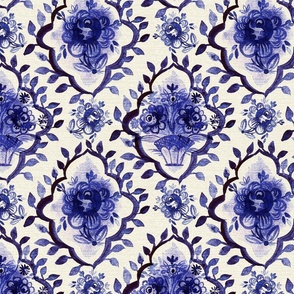 Folk Tupesian ceramic inspired roses in royal blue on cream background Medium scale