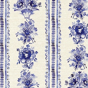 Folk Tupesian ceramic inspired roses with stripes in royal blue on cream background Extra large Jumbo scale