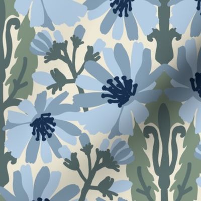 Blue chicories with sage green on cream background arts and crafts style Medium scale