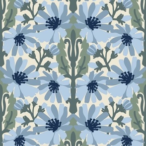 Blue chicories with sage green on cream background arts and crafts style Medium scale