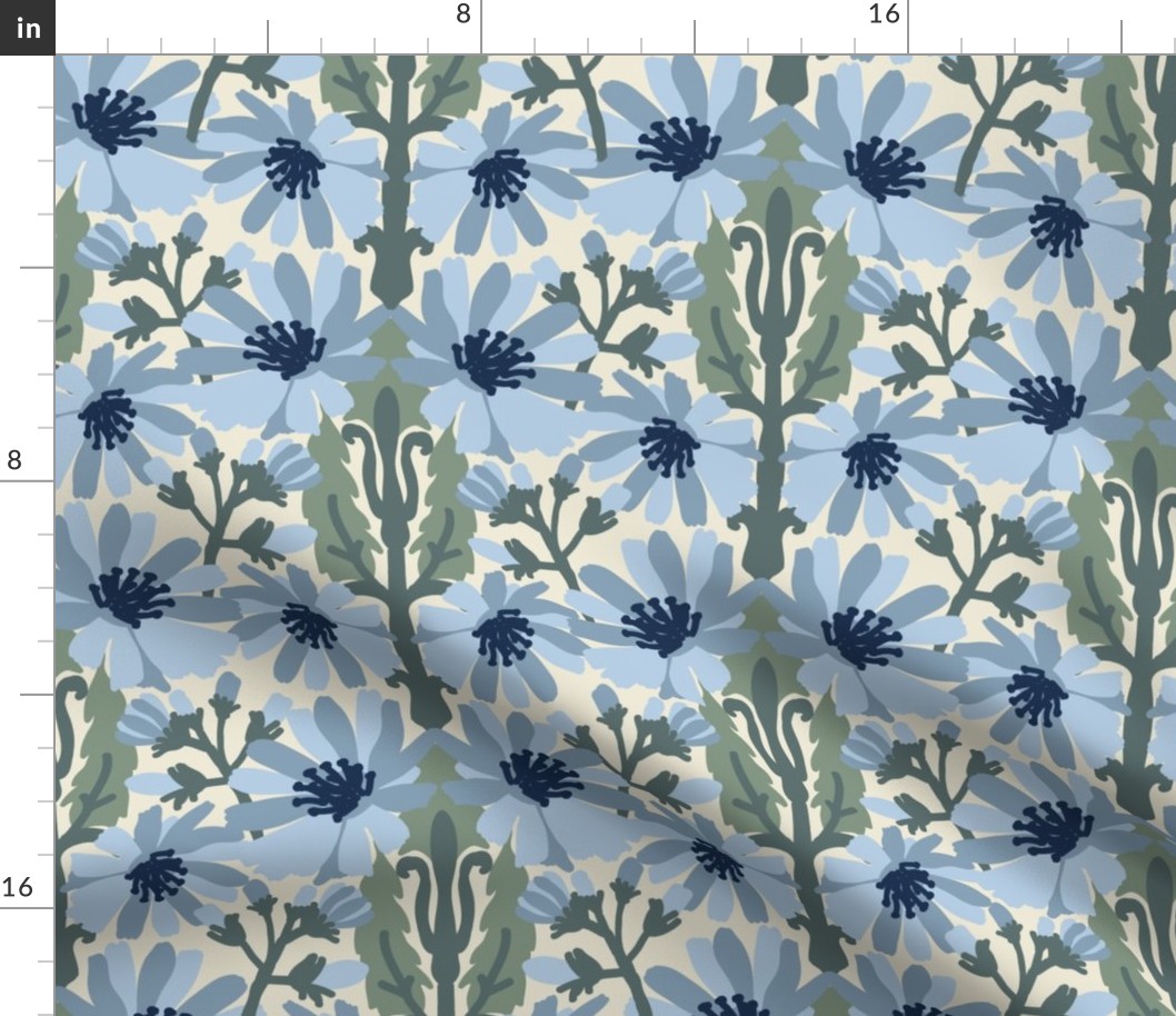 Blue chicories with sage green on cream background arts and crafts style Medium scale