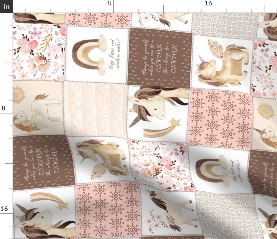 4 1/2" Unicorn Quilt Top – Little Girls Rainbow Unicorn Blanket Bedding (soft pink cream blush brown) GL-A rotated