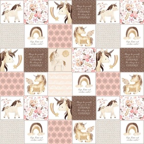 3" Unicorn Quilt Top – Little Girls Rainbow Unicorn Blanket Bedding (soft pink cream blush brown) GL-A