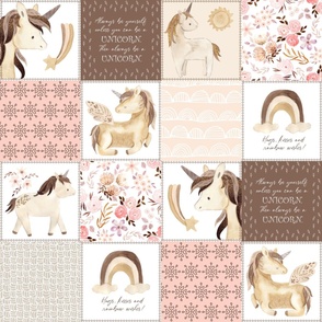 Unicorn Quilt Top – Little Girls Rainbow Unicorn Blanket Bedding (soft pink cream blush brown) GL-A