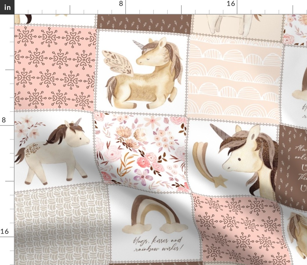 Unicorn Quilt Top – Little Girls Rainbow Unicorn Blanket Bedding (soft pink cream blush brown) GL-A