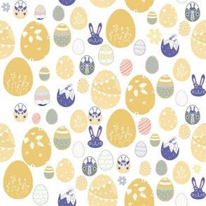 Yellow Easter eggs and bunnies