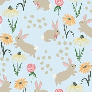 Garden bunnies on pastel blue, floral, spring, easter 8" x 5.4" fabric, large scale wallpaper 24"