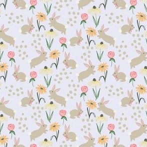 Garden bunnies on pastel purple, lilac, floral, spring, easter 4" x 3" small scale fabric, large scale wallpaper 24"