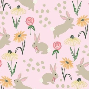 Garden bunnies on pastel pink, floral, spring, easter 11" x 8" fabric, large scale wallpaper 24"