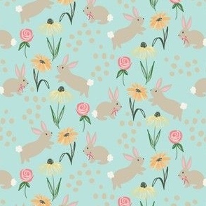 Garden bunnies on mint green, floral, spring, easter 5.5" x 4" fabric, large scale wallpaper 24"