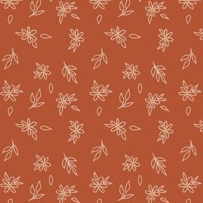 Terracotta hand drawn florals small scale fabric 2.6", large scale wallpaper 24"