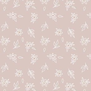 Dusty pink hand drawn florals small scale fabric 2.6", large scale wallpaper 24"