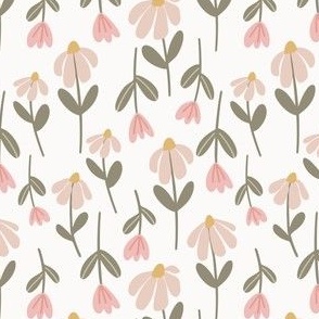 Wildflowers Pretty in pink - wild flower, daisy, sage, mustard, green, dusty pink, fabric 4" x 5", wallpaper 12"