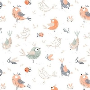 Cute birds and ladybugs kids’s summer print with coral orange and green mint birds and bugs on white 