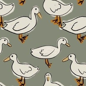 Cute white ducks on sage green / small / birds for gender neutral kids and baby boy