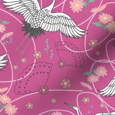 Migration, Cranes in Flight - peony pink, medium 