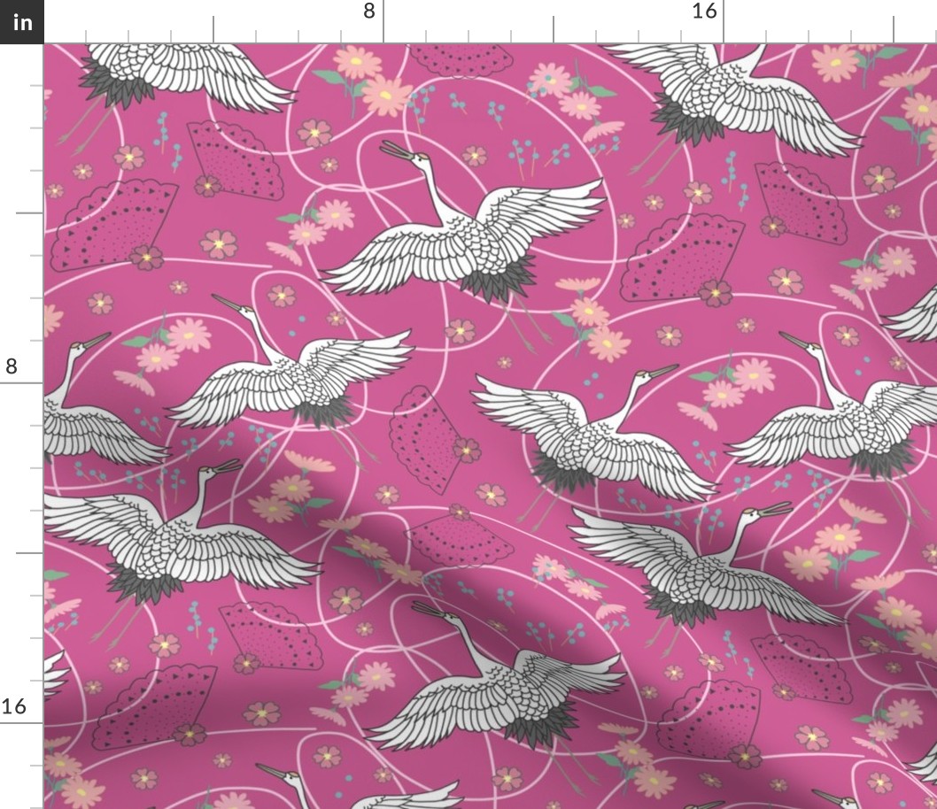 Migration, Cranes in Flight - peony pink, medium 