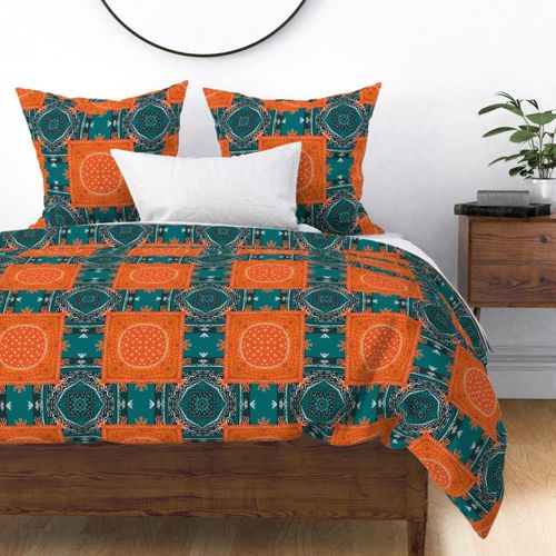 Turquoise and Orange Patchwork Turkish Rugs 