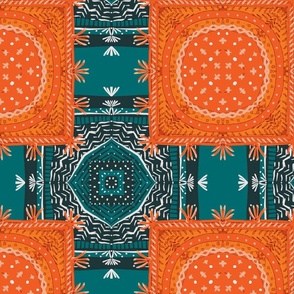 Turquoise and Orange Patchwork Turkish Rugs 