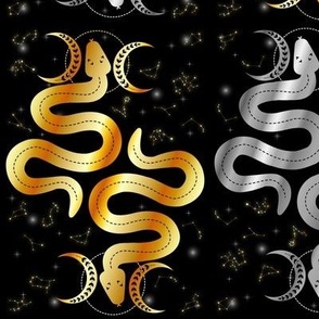 Witchy occult magical sacral snakes with stars and constellations in gold
