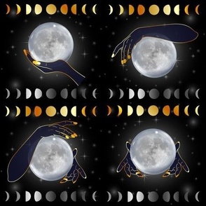 Magical womans hands on celestial full moon and moon phases