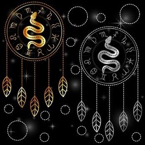 Dreamcatcher Zodiac symbols astrology horoscope signs with mystic snake in gold and silver