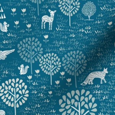 Woodland Forest and Meadows with Deer // woodcut blue