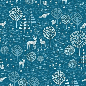 Woodland Forest and Meadows with Deer // woodcut blue