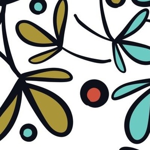 (L) Whimsical Outlined Flowers Red, Aqua, Olive Green on White