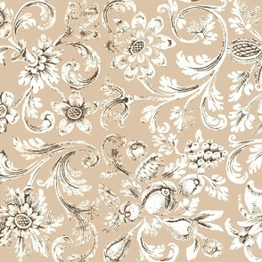 FLORAL BAROQUE blanc sur fond creme