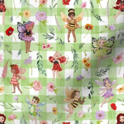 small scale all bugs floral green gingham