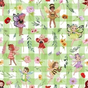 small scale all bugs floral green gingham