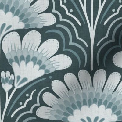 Fanfare Art Deco Floral - Cool Dark Teal Blue - large (12 inch W)