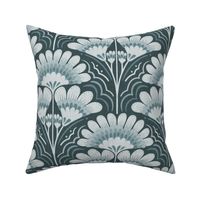 Fanfare Art Deco Floral - Cool Dark Teal Blue - large (12 inch W)